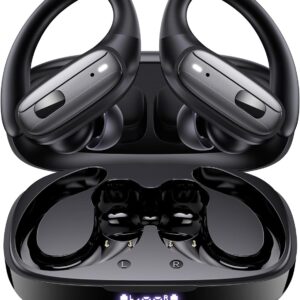 LEEMC Wireless Earbuds, Bluetooth Headphones 5.4, 80Hr Playtime Ear Buds with Hooks for Sports, Noise Canceling, LED Display, IPX7 Waterproof Earphones for Workout Running, JetBlack