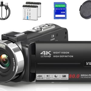 Camcorder Video Camera 4K UHD 80MP IR Night Vision Vlogging Camera for YouTube 18X Digital Zoom Camcorder Autofocus 3.0" 270° Rotation IPS Screen Video Recorder with 32G SD Card, Lens Cap, 2 Batteries