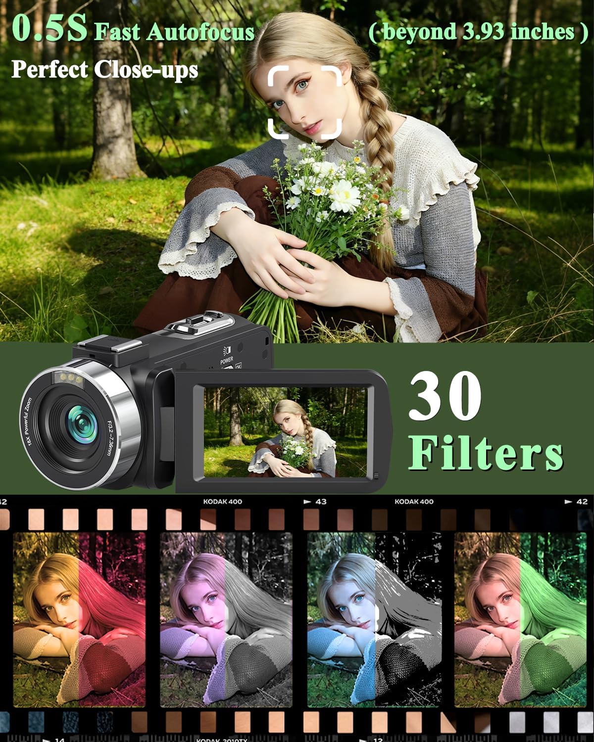 Camcorder Video Camera 4K UHD 80MP IR Night Vision Vlogging Camera for YouTube 18X Digital Zoom Camcorder Autofocus 3.0" 270° Rotation IPS Screen Video Recorder with 32G SD Card, Lens Cap, 2 Batteries - Image 4