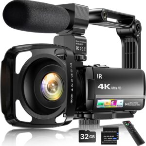 4K Video Camera Camcorder 64MP Vlogging Camera for YouTube 3.0" Touch Screen 18X Digital Zoom IR Night Vision with External Stereo Microphone,Remote,Lens Hood,Handheld Stabilizer,32G Card &2 Batteries